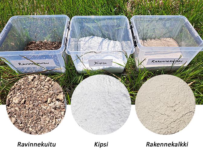 Kuvassa on kolmea erilaista maanparannusaineitta: ravinnekuitua, kipsiä ja rakennekalkkia. 