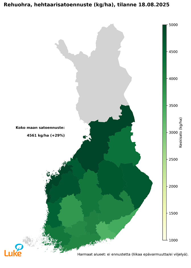 Kartassa esitetty rehuohran hehtaarisatoennuste satelliittimenetelmän tuottamana vuodelle 2025 maakunnittain. Arvio tehty 18.8.2025.