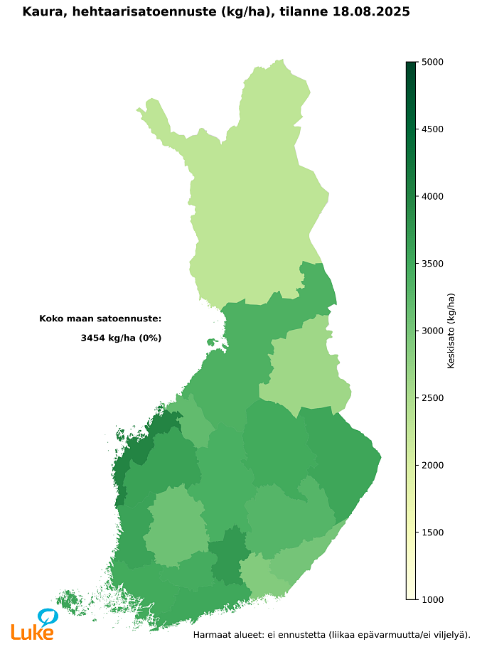 Kartassa esitetty kauran hehtaarisatoennuste satelliittimenetelmän tuottamana vuodelle 2025 maakunnittain. Arvio tehty 18.8.2025.