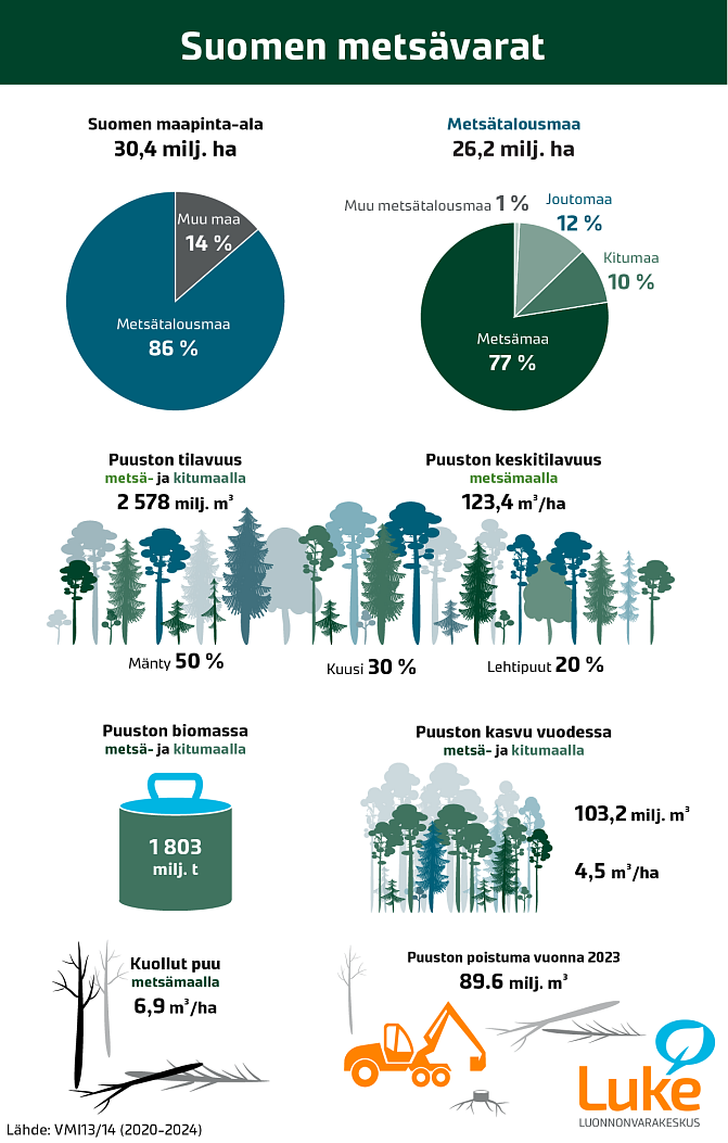 Kuvassa esitetään metsävarat numeroina, samoja tietoja löytyy uutisesta