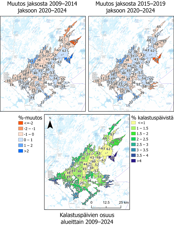 Vapaa-ajankalastus keskittyy Inarinjärvellä asutuskeskusten läheisyyteen. Turismin kasvu näkyy kalastuksen lisääntymisenä eteläisillä alueilla.