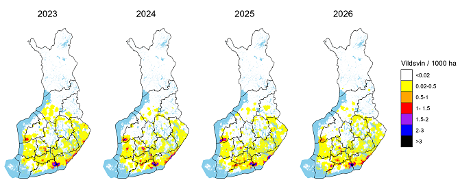 Regionalt finns det fortfarande flest vildsvin i sydöstra Finland och i östra Nyland.