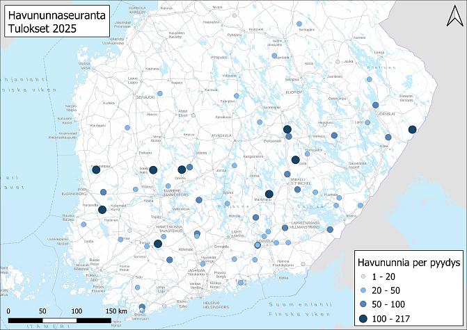 Luken feromoniseurannan perusteella suurin havununnasaalis saatiin Kristiinankaupunki-Kuopio-akselin eteläpuolisesta Suomesta kesällä 2025. 