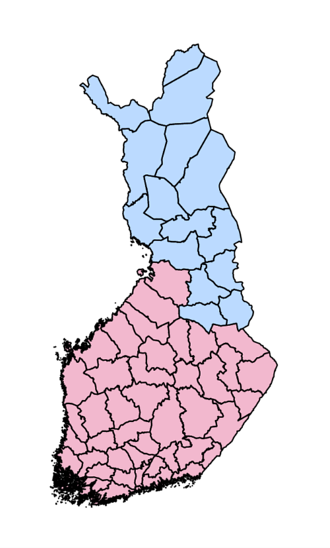 Kuva 2. Analyysissä käytetty jako Etelä- (punainen) ja Pohjois-Suomeen (sininen). Kartassa näkyvät myös hirvitalousalueiden rajat.
