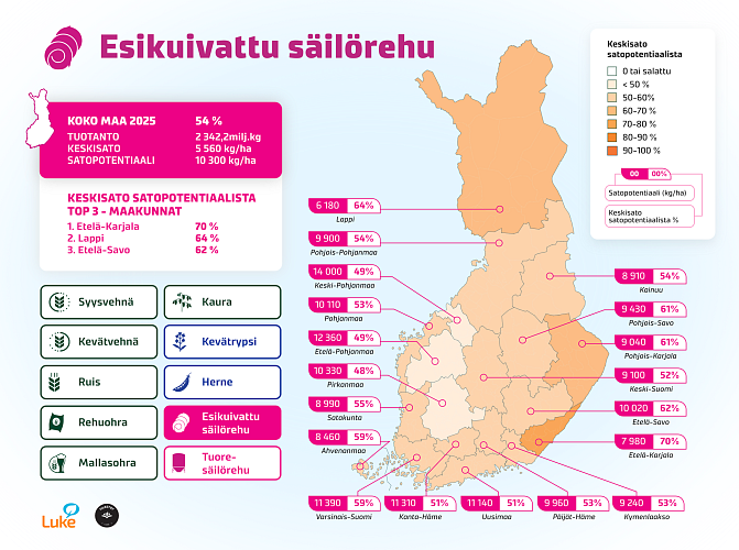 Kuvassa on Suomen kartta, johon on kuvattu esikuivatun säilörehun satopotentiaali maakuntakohtaisesti ja valtakunnan tasolla.