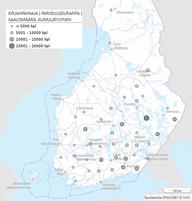 Kartta Suomesta, jossa esitetään kirjanpainajapyydysten kumulatiiviset saalismäärät kesäkuussa 2026. Ympyröiden koko kuvaa saaliin määrää (alle 5000 – yli 15 000 yksilöä), ja suurimmat saaliit painottuvat Itä- ja Kaakkois-Suomeen.