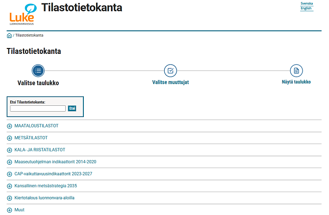 Kuva tilastotietokannan käyttöliittymästä