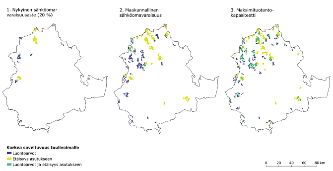Kolme karttaa Pirkanmaalta esittää tuulivoimalle soveltuvat alueet eri sähköntuotantoskenaarioissa. Soveltuvuus on arvioitu luontoarvojen (sininen) ja asutusetäisyyden (keltainen) perusteella; vihreät alueet täyttävät molemmat kriteerit. Soveltuvien alueiden määrä kasvaa kohti maksimituotantoskenaariota.