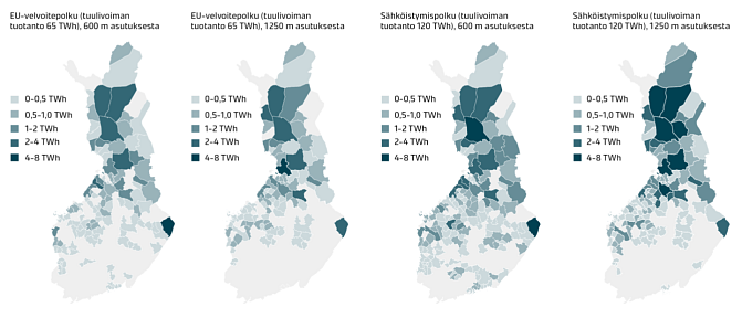 Karttatarkastelu näyttää, että tuulivoiman määrän kasvu ja etäisyysvaatimukset voivat siirtää tuotantoa yhä vahvemmin Länsi- ja Pohjois-Suomeen.