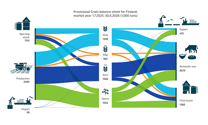 In 2025, Finland produced roughly 3.4 billion kilograms of cereals and concurrently had 1.1 billion kilograms in storage. During the harvest year, roughly 2.7 billion kilograms of cereals were used in Finland. Around 450 million kilograms went to export during the harvest year. Before the 2026 harvest, the cereals stockpile was about 1.4 billion kilograms.