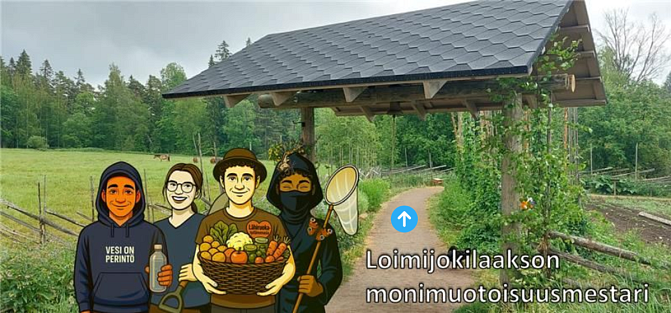 Elonkierto-pelin aloitusnäkymässä piirroshahmoja maalaismaisemassa.