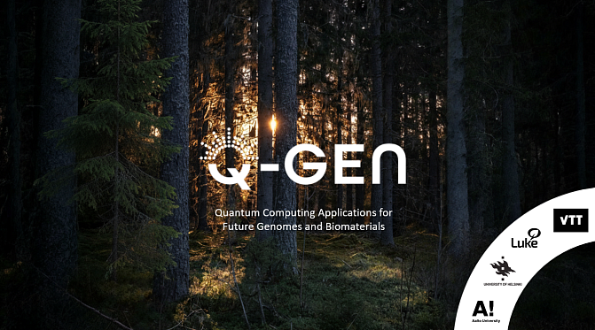Q-Gen-hankkeen sekä kumppaniorganisaatioiden logot. Taustalla tummaa metsää jonka läpi paistaa aurinko.
