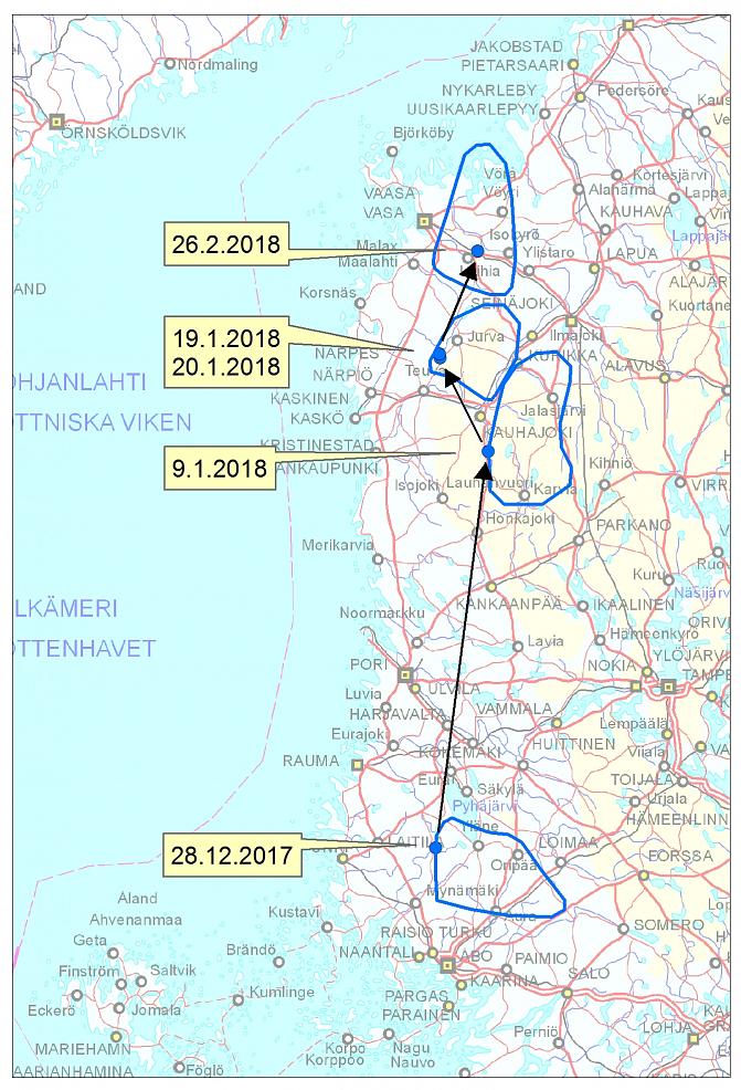 Kartassa esitetty yhden vaeltavan suden reitti talvella 2017—2018. Susi tavattiin kahden kuukauden aikana neljältä eri susireviiriltä. 