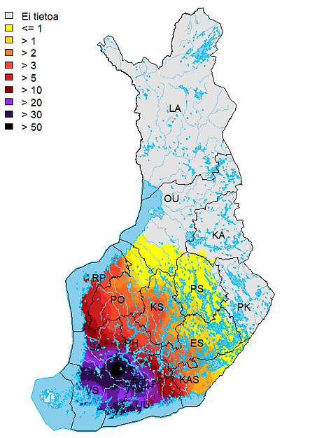 Valkohäntäpeurakanta on tiheimmillään Lounasi-Suomessa