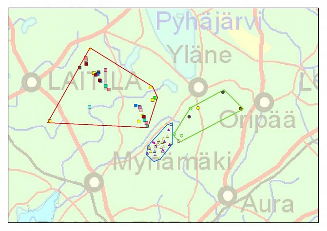 Kun samalta alueelta löytyy eri susiyksilöiden näytteitä, voidaan päätellä, että nämä yksilöt kuuluvat samaan laumaan. Karttaan on piirretty alustava reviiriraja sen mukaan, mistä samaan laumaan kuuluvien susien näytteitä on löytynyt.