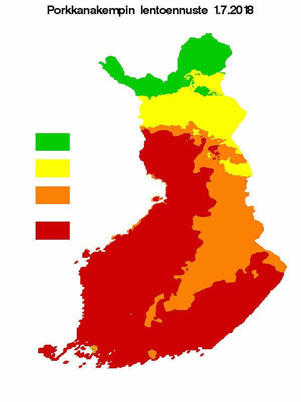 Karttakuva porkkanakempin lennon riskistä. Riski on suurin Etelä-Suomessa ja länsirannikolla ja pienin Pohjois-Lapissa.