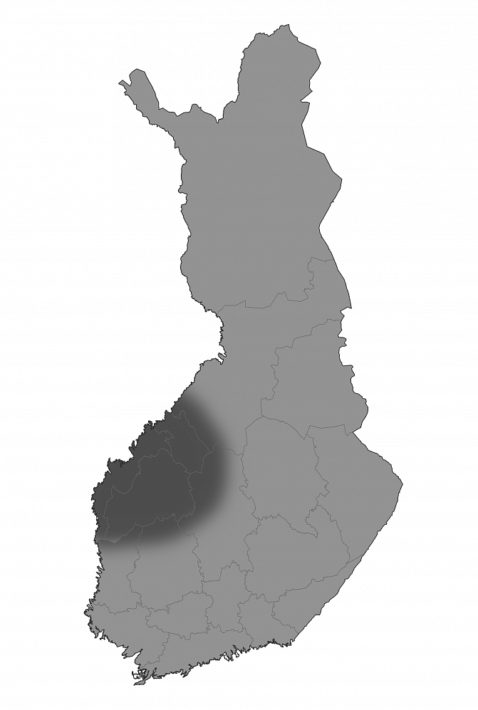 Suomen kartassa on esitetty myyrätilanne vuonna 2021. Eniten myyriä on odotettavissa Länsi-Suomeen, alue merkitty karttaan.