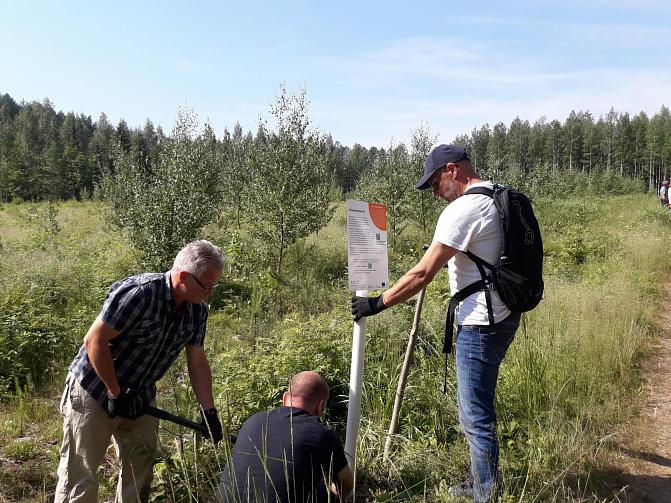 Kuvassa kolme henkilöä pystyttää opastaulua Punkaharjun tutkimuspuistossa.