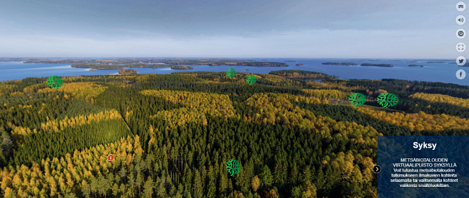 Kuvassa näkymä Punkaharjun tutkimuspuistosta ruska-aikana. Kuvaan on merkitty kohteet, joiden esittelyt löytyvät myös www-sivuilta.