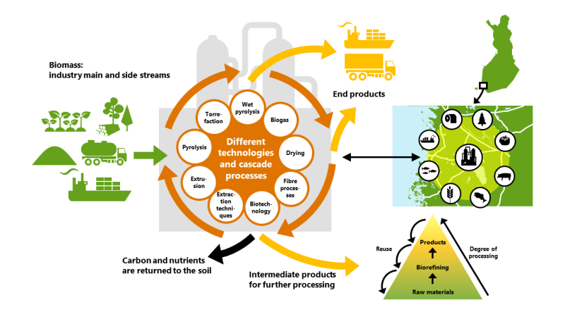The picture illustrates how regional decentralised production will provide jobs and business opportunities to cities and rural communities. The comprehensive use of biomass can be achieved with cascade processing concepts.