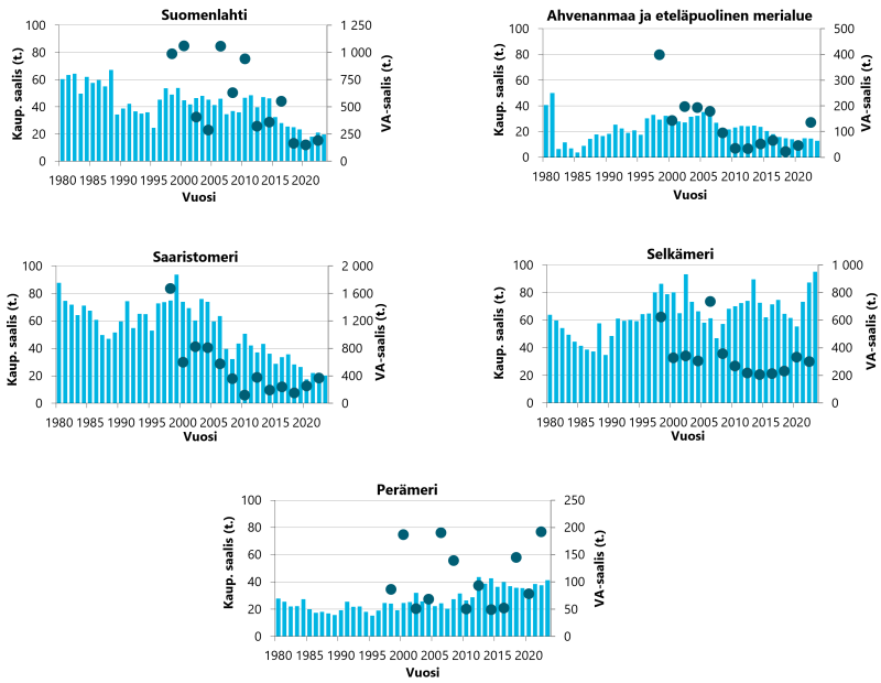 Haukisaalis on viime vuosina laskenut Suomenlahdella, Ahvenanmaalla ja Saaristomerellä sekä noussut Selkämerellä ja Perämerellä. Vapaa-ajankalastuksen saalis on kaikilla alueilla moninkertainen kaupalliseen kalastukseen verrattuna.