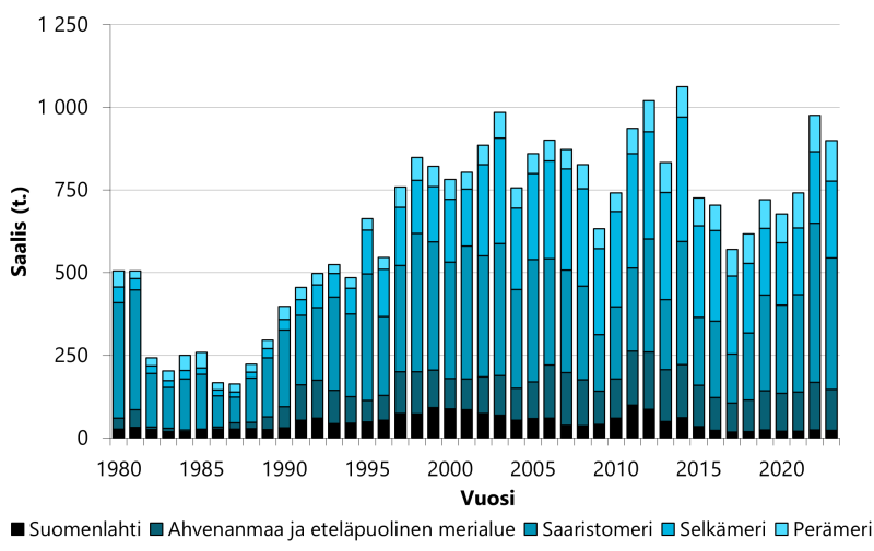 Merialueen kaupallisen kalastuksen ahvensaalis oli neljänneksi suurin seurantajaksolla.
