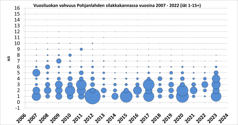 Kuva 5. Silakan vuosiluokkien runsaus ikäryhmittäin Selkämerellä tehdyissä kaikuluotaustutkimuksissa.