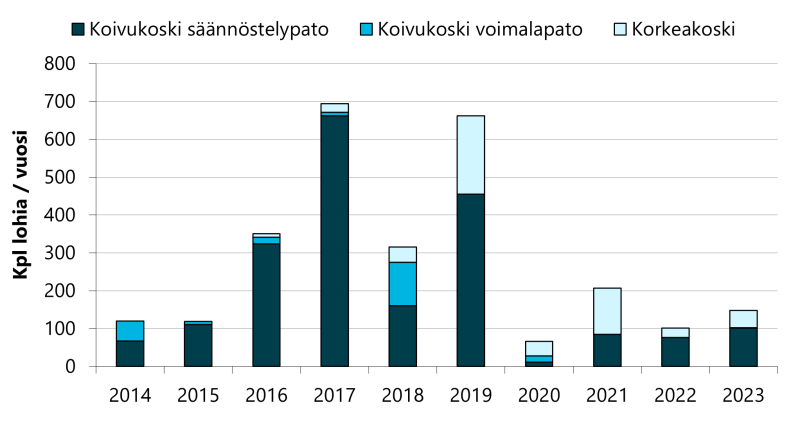 Kalateistä nousseiden lohien määrä on vaihdelleet noin 100-700 lohen välillä vuosittain. Suurin osa lohista on noussut Koivukosken säännöstelypadon kautta. Korkeakosken kalatie on toiminut huonosti. Sen kautta nousee arviolta alle prosentti padon alle kertyneistä lohista. Kymijoen lohikannan vahvistumisen pääasiallinen este on lohen nousun estävät voimalaitospadot ja niiden yhteydessä puutteellisesti toimivat kalatiet. 