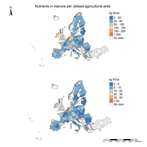 Manure nitrogen and phosphorus per utilised agricultural area in EU