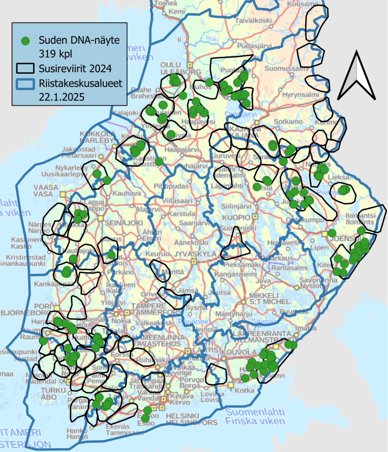 Suden dna-näytteiden keräyskohtia kartalla