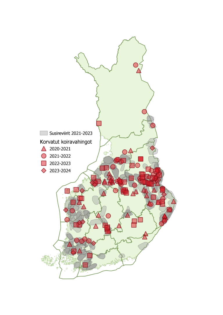 På kartbilden visas de uppskattade vargreviren för mars 2021–2023 samt hundskadorna per jaktår.
