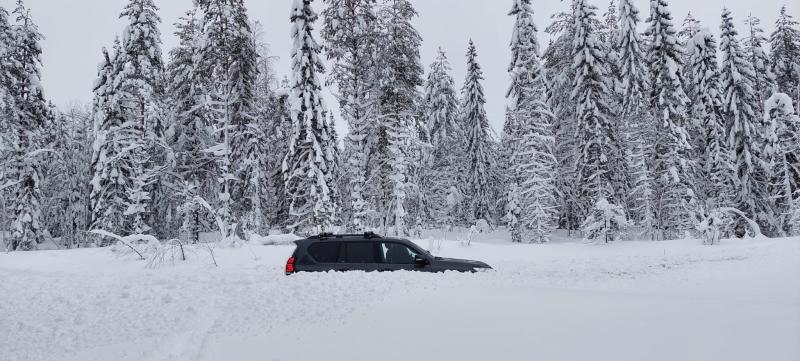 An SUV behind a snowbank in the forest.