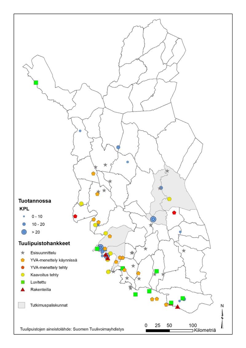 Poronhoitoalueelle sijoittuvat tuotannossa ja rakenteilla olevat sekä luvitetut ja suunnitteluprosessin eri vaiheissa olevat tuulipuistot vuonna 2023.