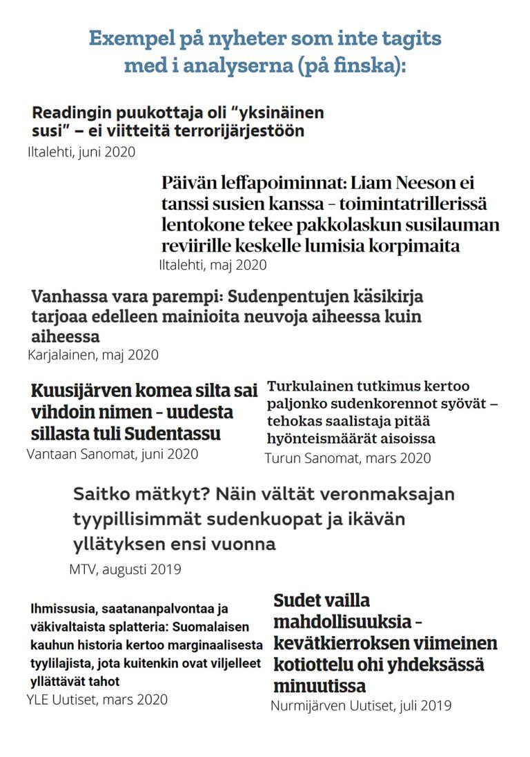 Exempel på nyheter som inte tagits med i analyserna (på finska).