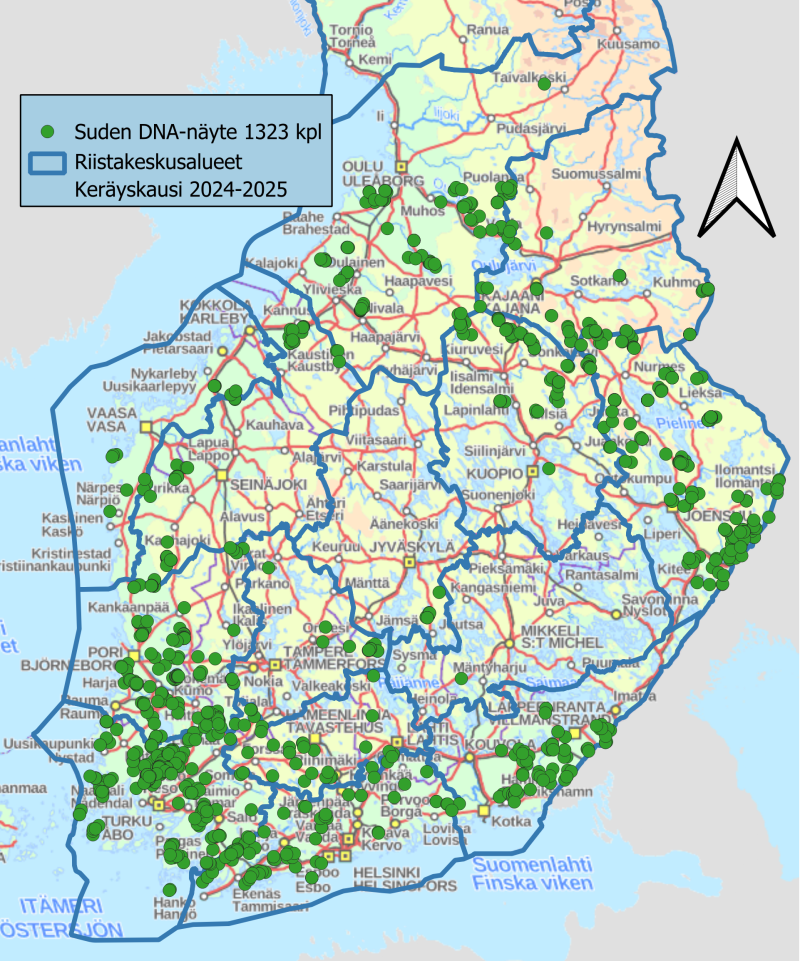 Suden dna-näytteiden keräyskohtia kartalla