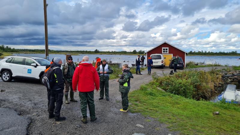 Ihmisiä seisoo merenrannalla.