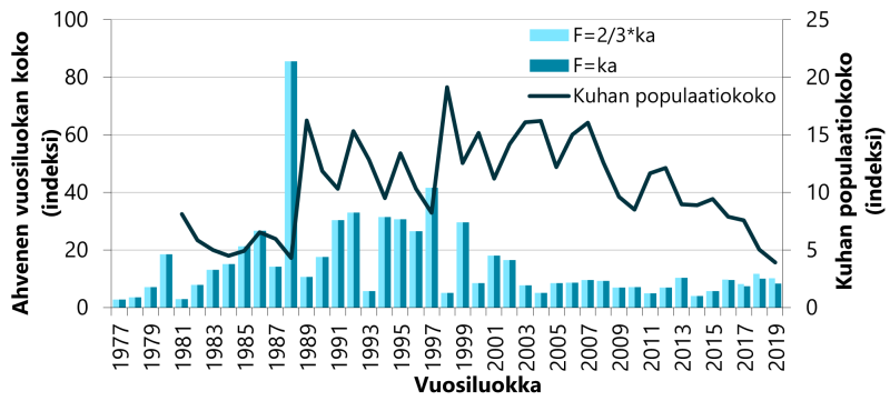 Populaatioanalyysin perusteella runsaimmat ahvenvuosiluokat Saaristomerellä syntyivät vuosien 1988 ja 1997 lämpiminä kesinä, jolloin kuhakanta oli suhteellisen pieni. 2000-luvulla lämpimät kesät eivät näytä tuottaneet runsaita ahvenen vuosiluokkia. Vuosiluokat 2018–19 näyttäisivät tässä vaiheessa kohtalaisen vahvoilta, mutta viimeisten vuosien arviot ovat populaatioanalyysissä epävarmimpia
