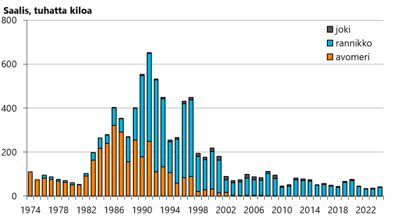  Suomenlahden alueen lohisaalis oli oli vuonna 2024 noin 42 tonnia ja vuonna 2023 noin 35 tonnia. Tätä edeltävänä viitenä vuotena saalis oli keskimäärin 53 tonnia. Saalis kalastetaan lähes kokonaan rannikolta, mutta pieneltä osalta myös jokialueilta. Suomenlahden ulapalta lohenkalastus loppui 2000-luvulle tultaessa.