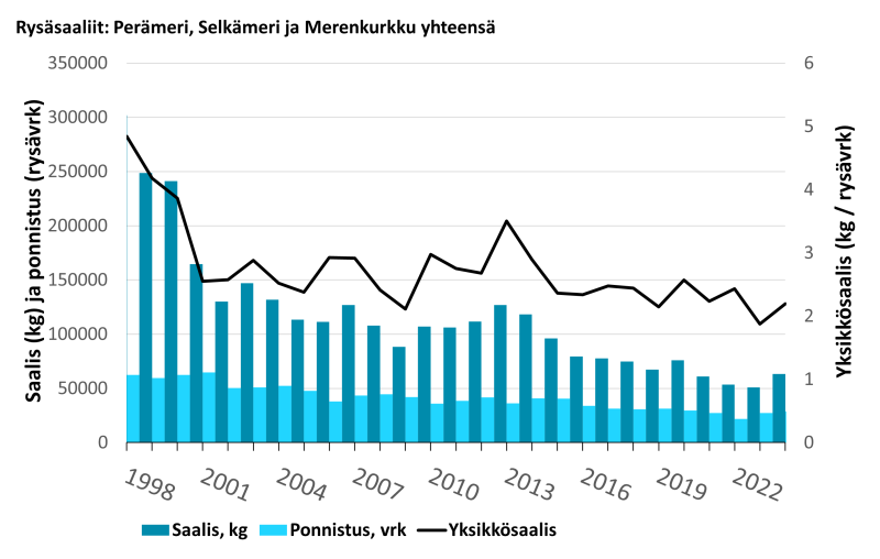 Kaupallisen siiankalastuksen ja siikasaaliin vähenemisestä huolimatta siian yksikkösaalis on pysynyt vuosituhannen vaihteen jälkeen verkkokalastuksessa vakaana ja rysäkalastuksessa heikentynyt hieman 2010-luvun puolivälistä lähtien.