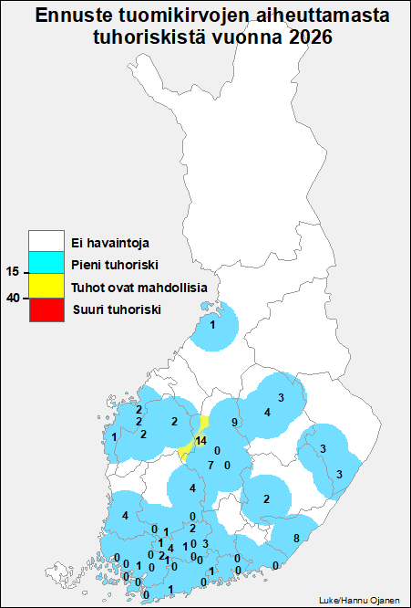Karttakuva vuoden 2026 tuomikirvaennusteesta joka ilmentää pientä tuhoriskiä koko maassa