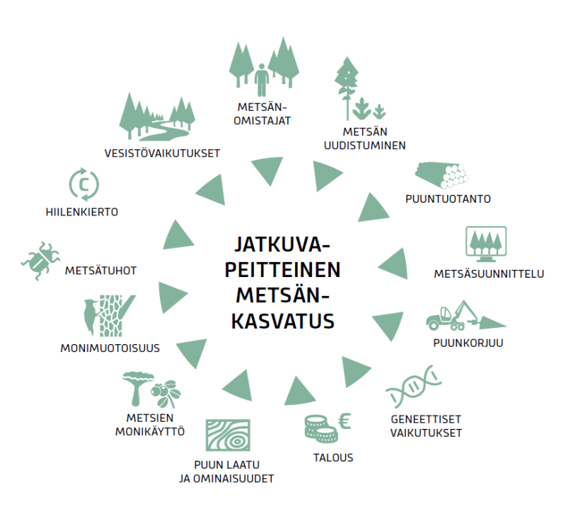 kaavio siitä, mitä aiheita kuuluu jatkuvapeitteiseen metsänkasvutukseen
