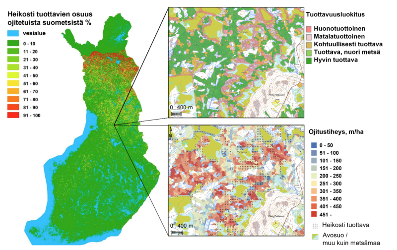 karttakuva ojitettujen suometsien tuottavuusluokista
