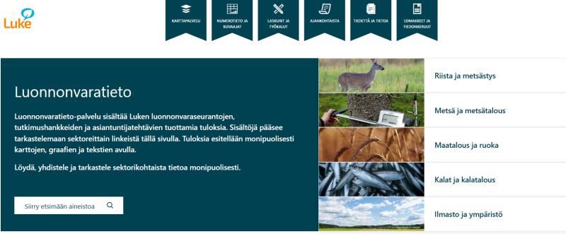 Näyttökuva Luken Luonnonvaratieto-palvelun etusivusta. 