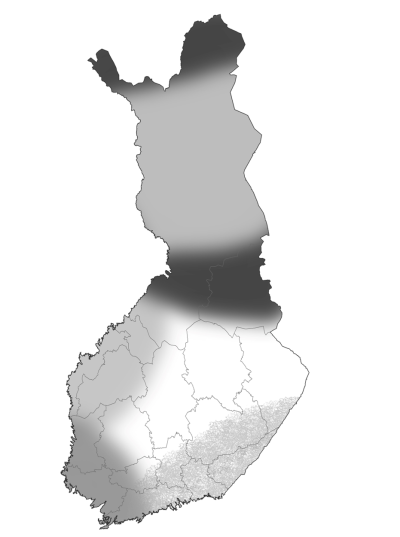 Myyrätilanne kuvattu Suomen kartalla harmaan eri sävyillä: Lounaisessa Suomessa on vaatimaton myyrähuippu, Oulun seudulla ja Kainuussa suurempi myyrähuippu ja Ylä-Lapissa keskimääräinen myyrähuippu. Pohjanmaalla ja Metsä-Lapissa myyräkannat ovat alhaiset, mutta runsastumassa. Muualla maassa myyriä tavataan niukasti. Kaakkois-Suomessa myyrien kannanvaihtelu on muuttunut epämääräiseksi.