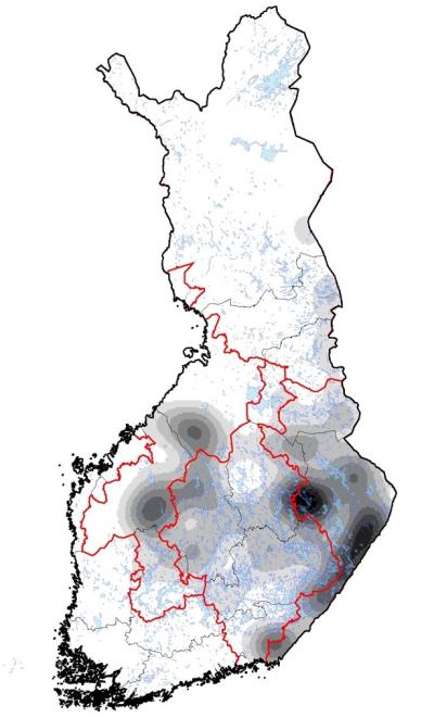 Syksyllä 2025 karhupentuekeskittymiä oli etenkin Itäisellä kannanhoitoalueella.