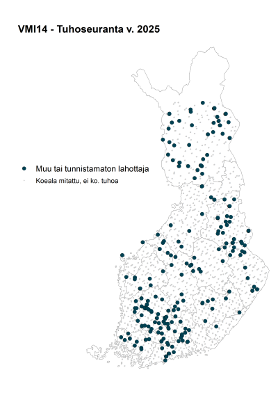 Vuonna 2025 muu ja tuntematon lahottaja -kategoriaan luokitellut tuhot jakautuivat tasaisesti koko Suomeen.