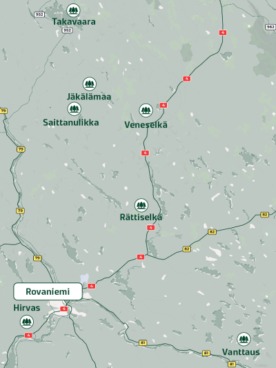 Rovaniemen lähiympäristössä sijaitsee seitsemän kohdetta, joissa esitellään metsänuudistamisen vaihtoehtoja