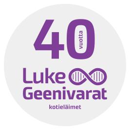 Logo, jossa teksti Luke Geenivarat, kotieläimet, 40 vuotta sekä tyylitelty dna-kaksoiskierrejuoste, joka muodostaa ääretön-merkin.