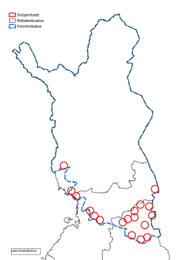 Kartta osoittaa, että ilvespentueet ovat sijoittuneet poronhoitoalueella sen eteläreunaan.