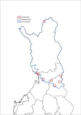 Kartta, jossa esitetään Tassuhavaintojen (1.9.2025–28.2.2026) perusteella määritellyt ilvespentueet poronhoitoalueella. Kartta: Luke 